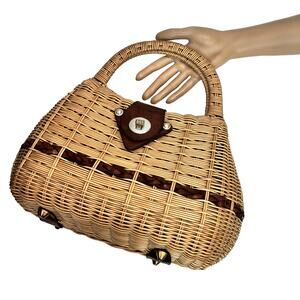 Vintage 60s Hong Kong Wicker Basket Handbag Brown Leather Top Handle Purse